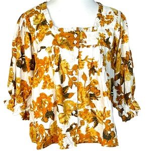 RACHEL ROY Flowy Cropped Linen Blouse Floral 3/4 Balloon Sleeves XS Boho Chic
